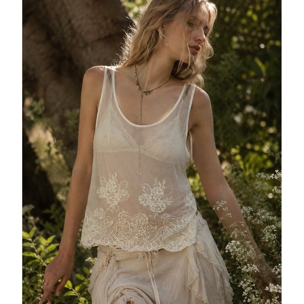 Y2K Banana Republic White Mesh Long Fairy Whimsical Embroider Slip Tank Size XS